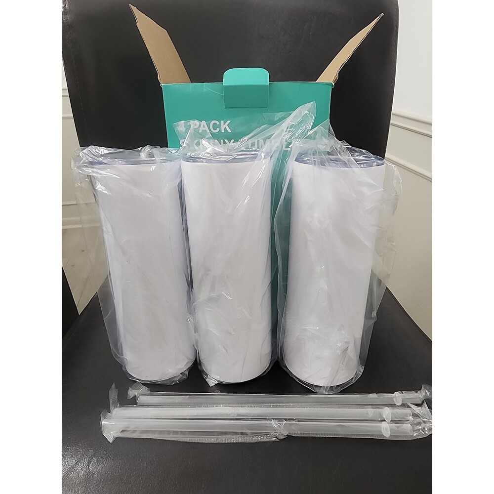 3 Pk 20oz White Sublimation Skinny Tumblers - Straight Blanks with Lids & Straws